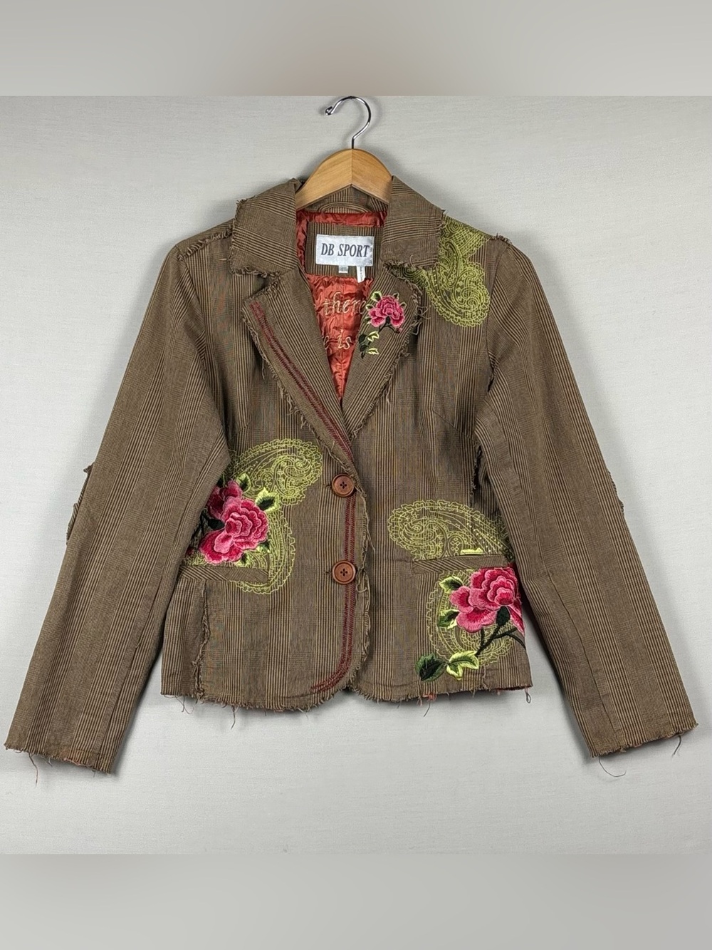 DB Sport Embroidered Floral Paisley Distressed Blazer Jacket Brown Size L